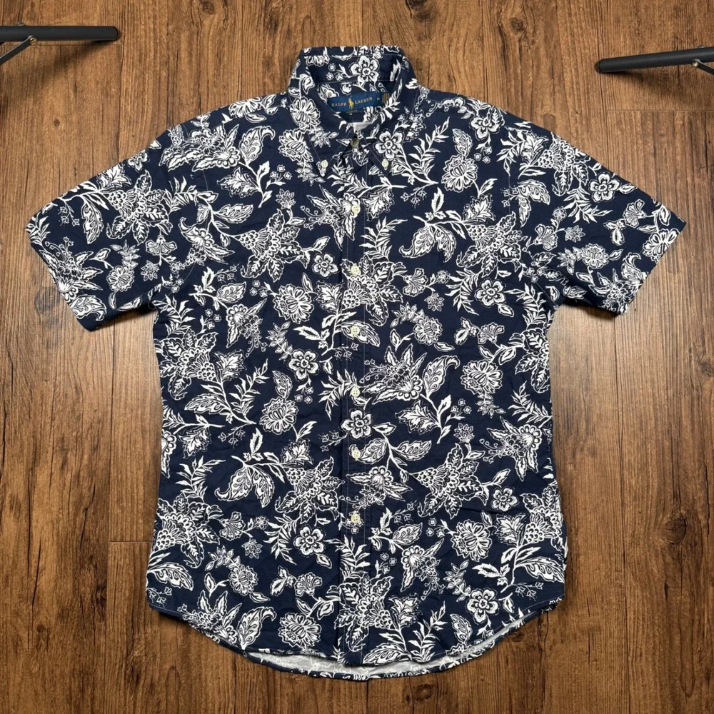 Ralph‎ Lauren Hawaiian Shirt Mens M Navy Blue White Slim Fit Floral Paisley